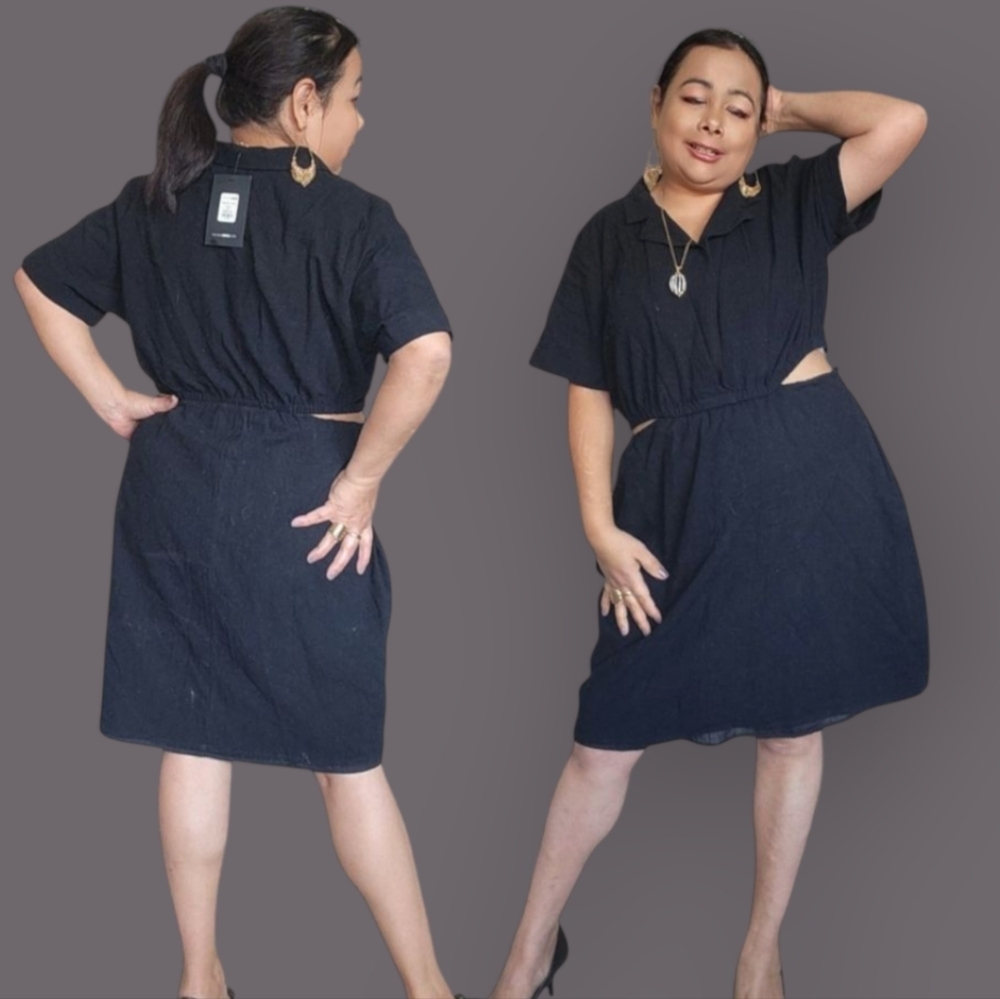 Fashion Nova Cutout Waist Shirt Dress – Collared Black Mini